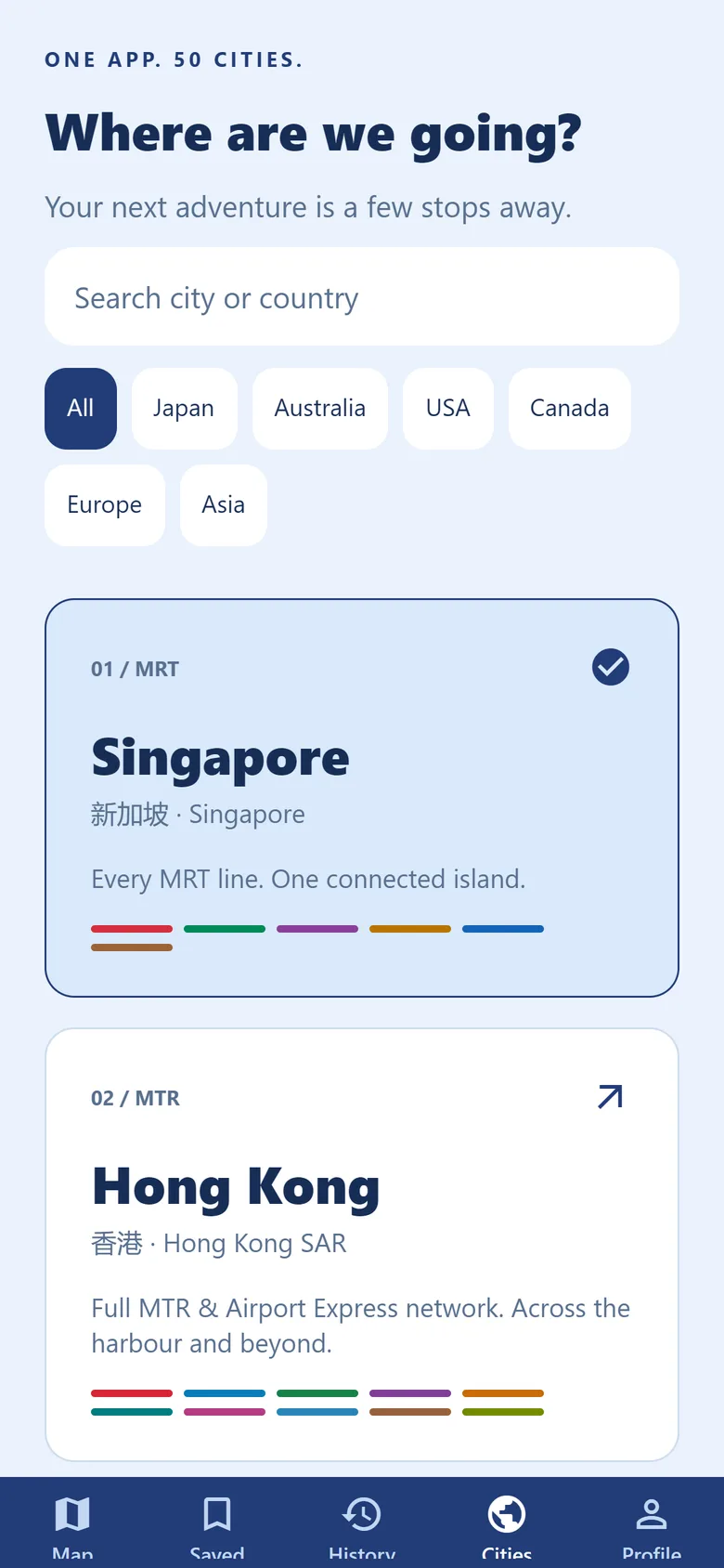 metroinfogo app: Fifty cities. Filter by region, search by country.