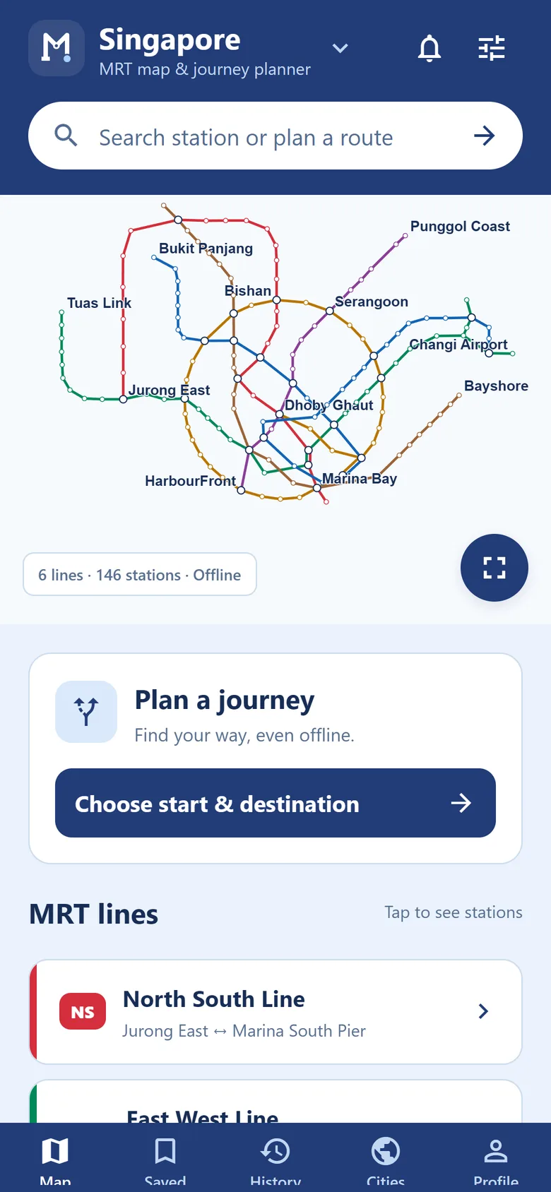 metroinfogo home screen: the Singapore MRT map with a search bar and journey planner