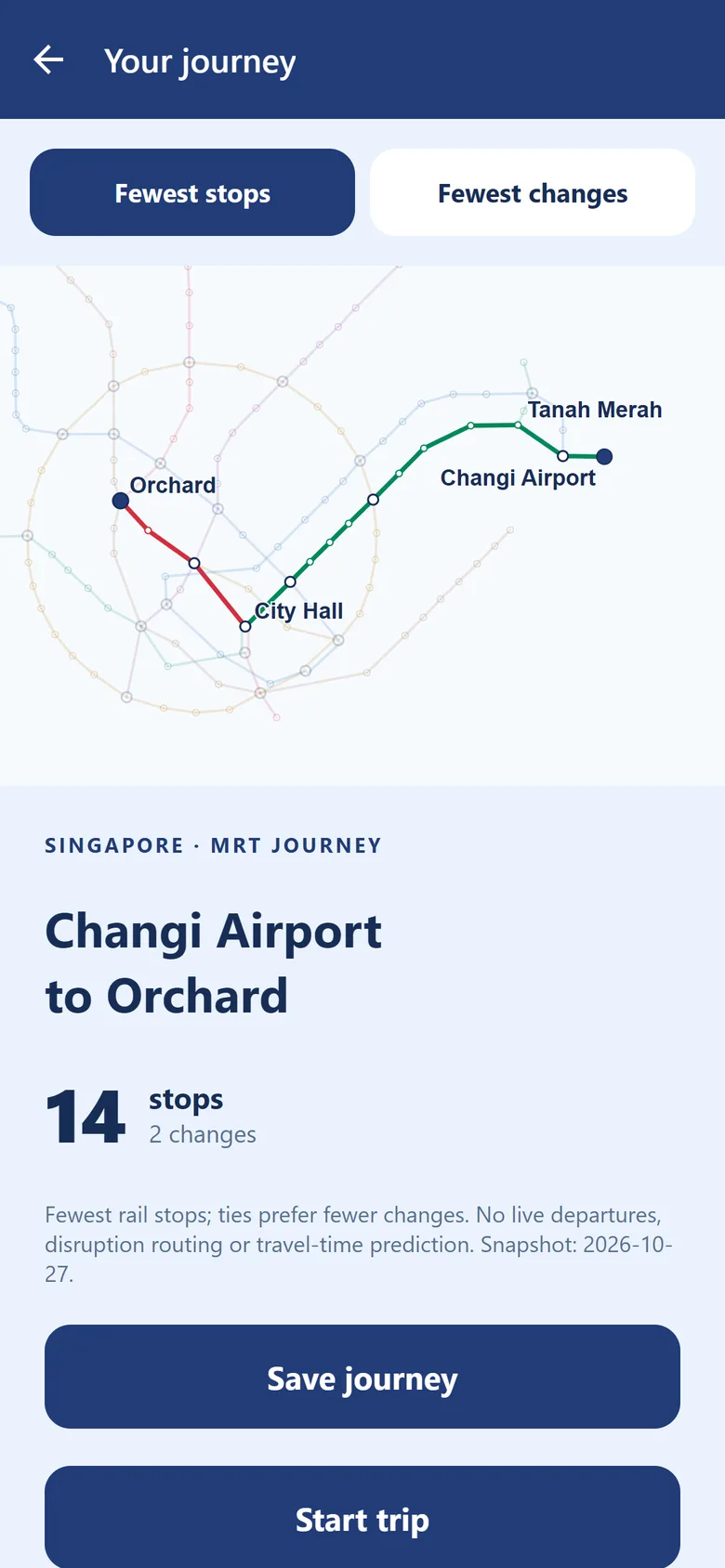 A planned journey from Changi Airport to Orchard: 14 stops, 2 changes, with Save journey and Start trip