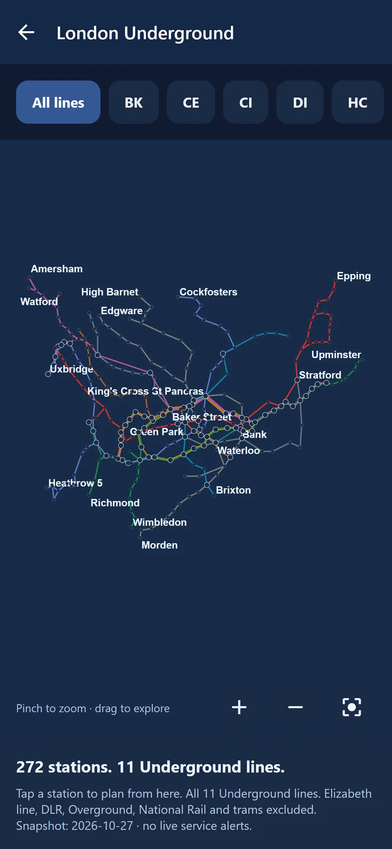 metroinfogo app: Every line, every station. London: 272 stations, 11 lines.