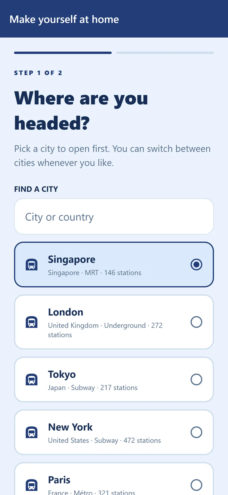 metroinfogo app: Pick your city. Start anywhere, switch whenever.